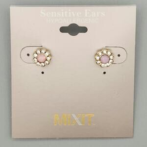 Pink Crystal Flower Stud Earrings – Goldtone Hypoallergenic for Sensitive Ears